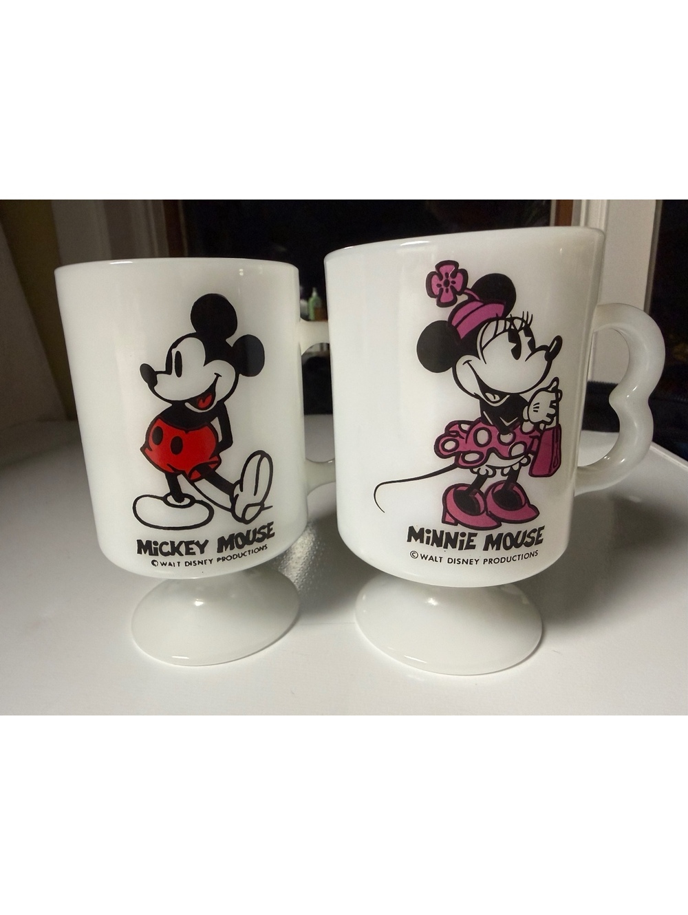 Vintage Disney Mickey Minnie Mouse Milk Glass Pedestal Mugs USA Set of 2